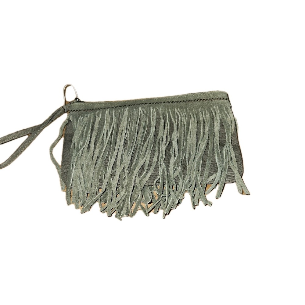 American Eagle Purse Small Wristlet Boho Fringe‎ Suede On Canvas Light NEW